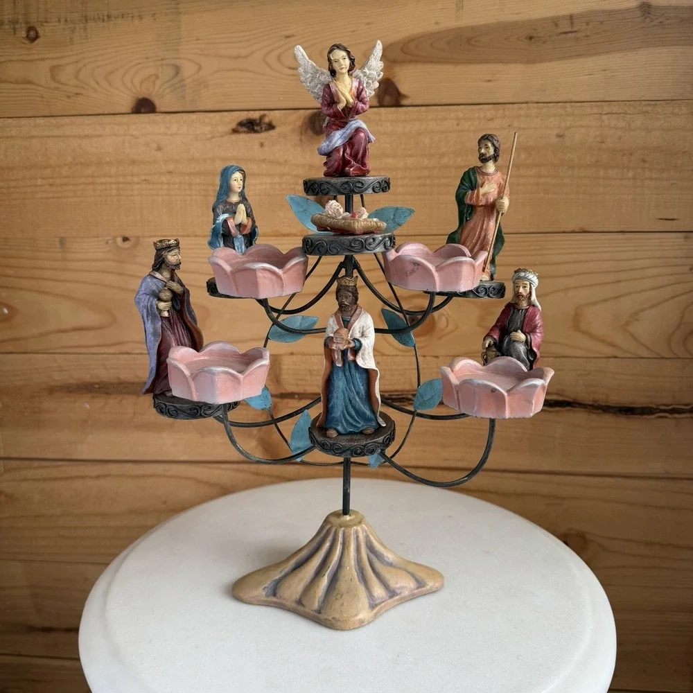 Christmas Candelabra Nativity Set Tree Tea Candle Holder Religious‎ Decor *Flaw